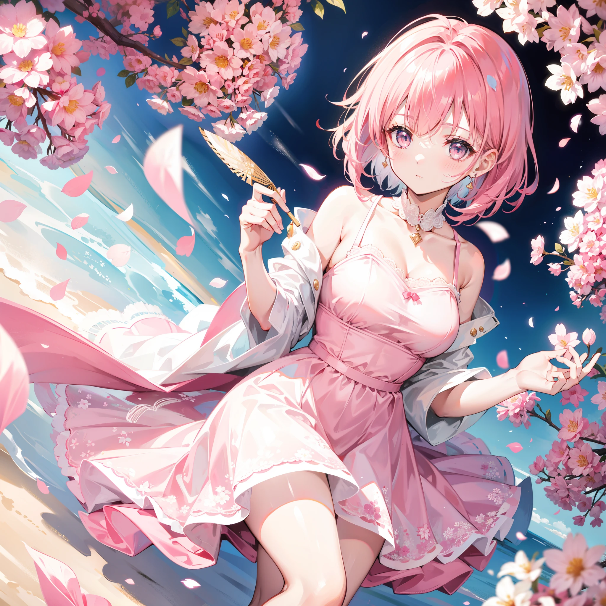 Short over-the-shoulder hair in pink and white,A floral dress with a fan white,Dignified and lovely teacher beautiful girl