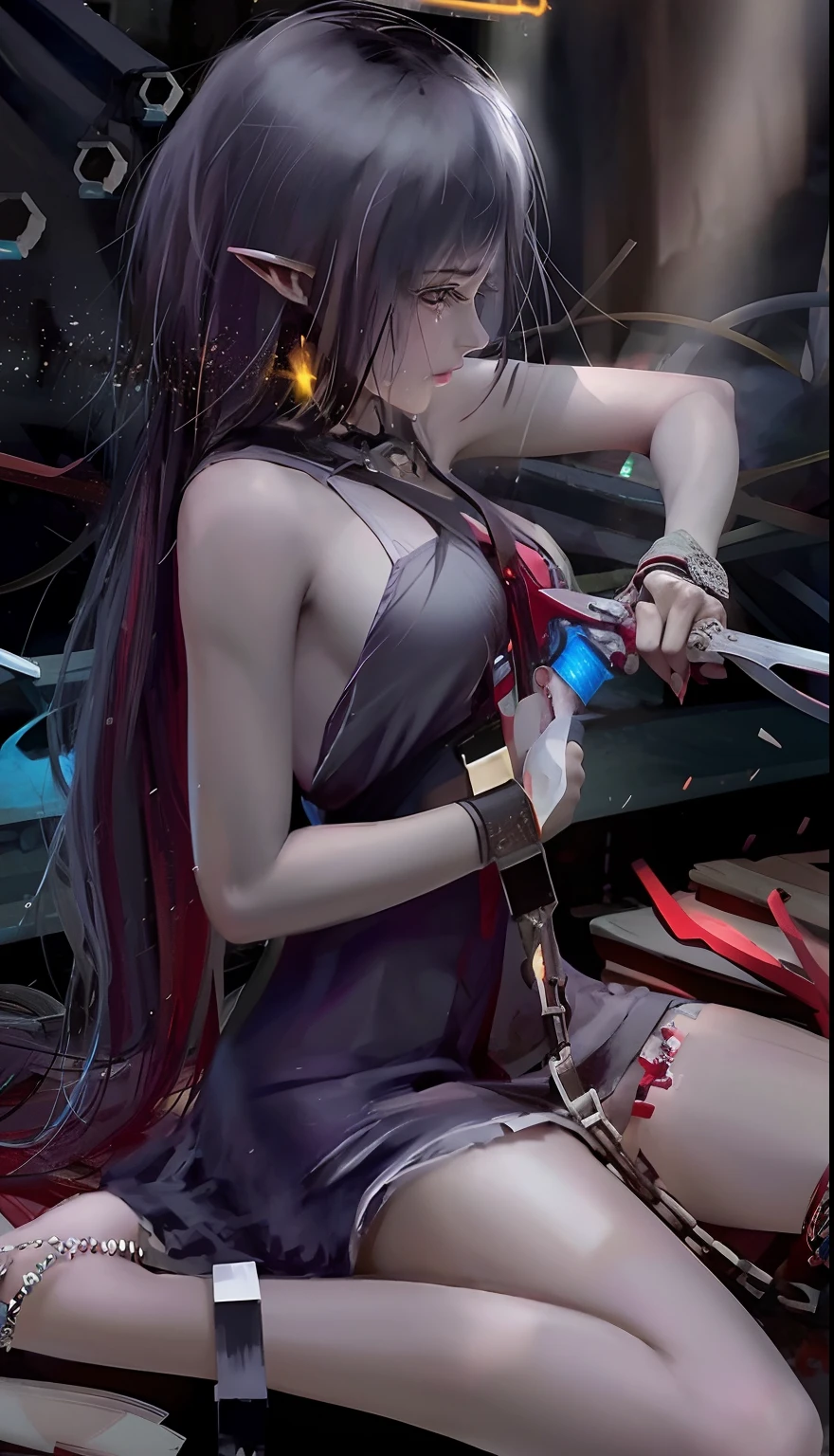 Anime girl sitting on bench with sword and chains, gapmoe Yandere grimdark, Yandere, nightcore, gothic maiden anime girl, gapmoe Yandere, anime cyberpunk art, seductive anime girls, epic 3 d abstract emo girl, demon anime girl, anime styled digital art, By Yuumei, yandere intricate, Detailed digital anime art