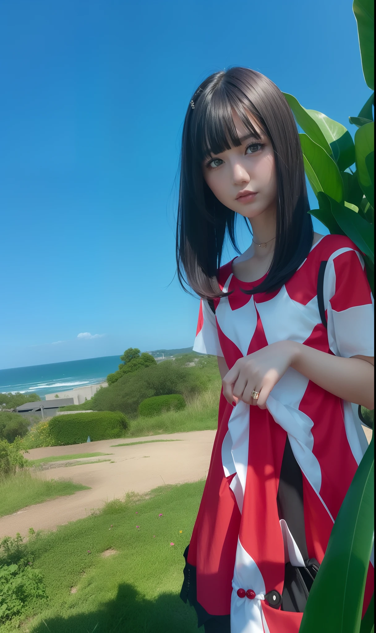1girl,short hair,black hair,red dress,realistic ultra detail