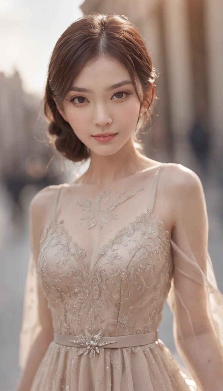 ((Best quality, 8k, Masterpiece :1.3)), 1girl, smiling, full body, slim face, Pretty woman, (Dark brown hair), full length dress :1.1, Ultra-detailed face, Detailed eyes, Double eyelid, blur background, slim face, city, outside, street,