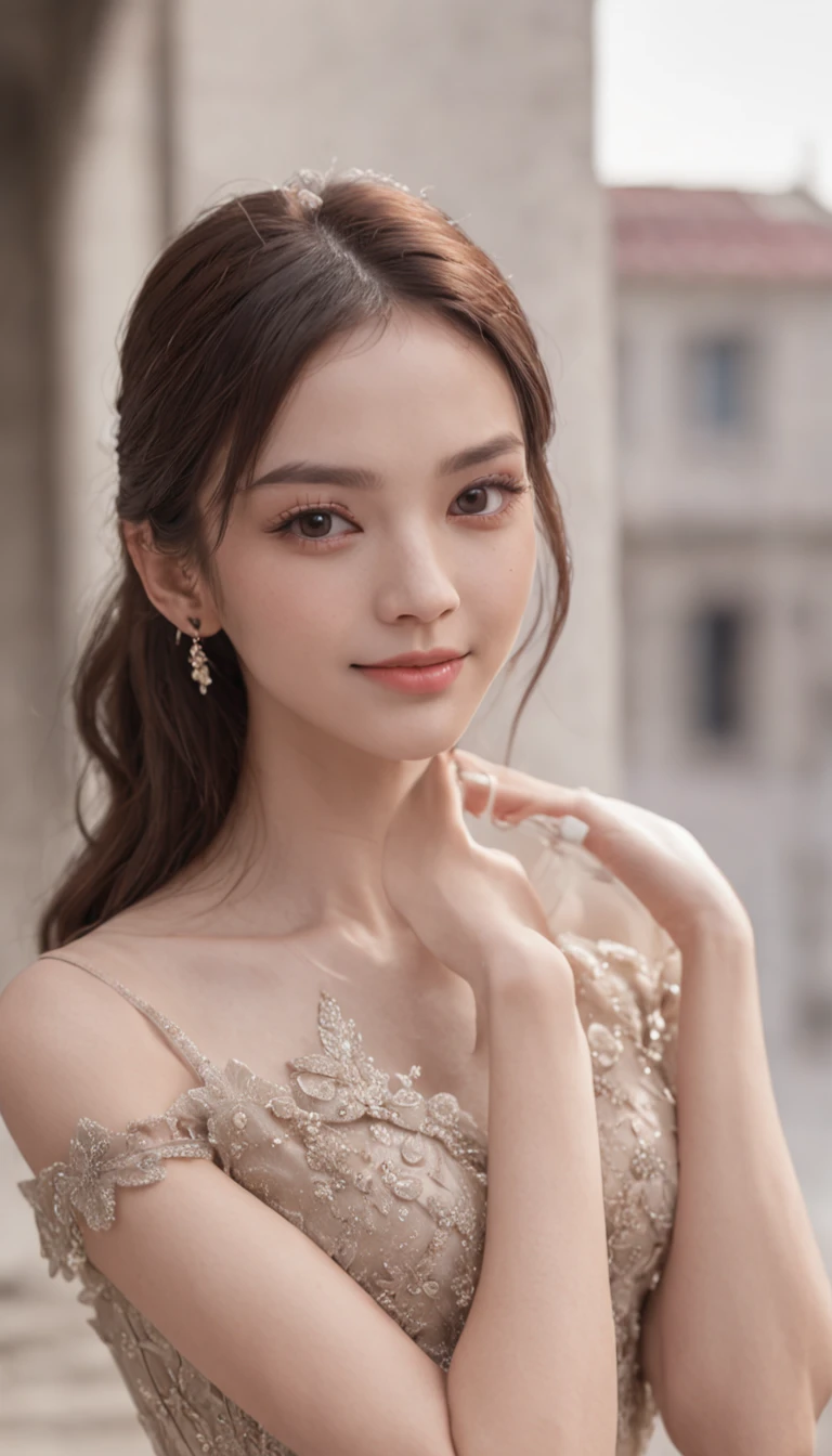 ((Best quality, 8k, Masterpiece :1.3)), 1girl, smiling, full body, slim face, Pretty woman, (Dark brown hair), full length dress :1.1, Ultra-detailed face, Detailed eyes, Double eyelid, blur background, slim face, city, outside, street,