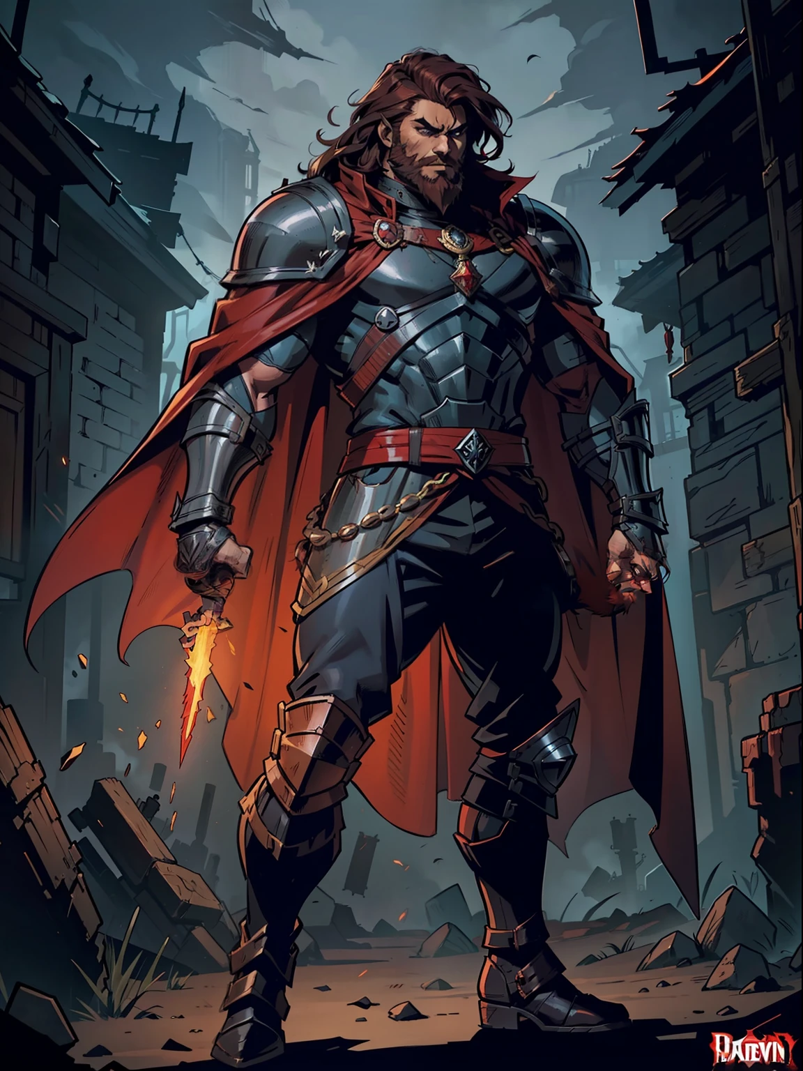 Darkest dungeon style, Sadurang from Marvel, hunk, wild mane hair, defined face, detailed eyes, short beard, glowing red eyes, dark hair, wearing heavy armor, cape of furs, scaled armguards, scaled sleeves, grey pants, heavy boots