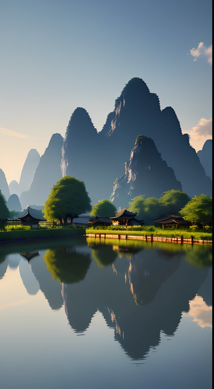 Masterpiece, best quality, extremely beautiful reflection, best reflection. (Very detailed CG 8K wallpaper), (best quality), (best illustration), (best shadow), landscape pictures of Guilin, photorealistic and early morning.