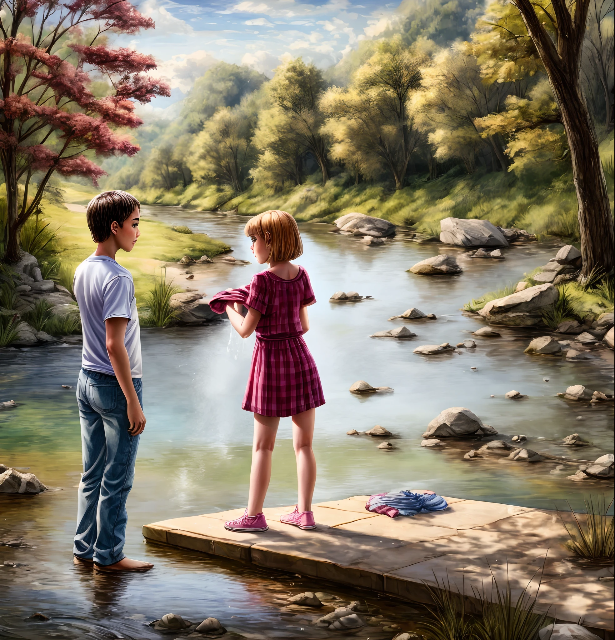 A young girl washes clothes by the river,An adult stood behind and looked at her