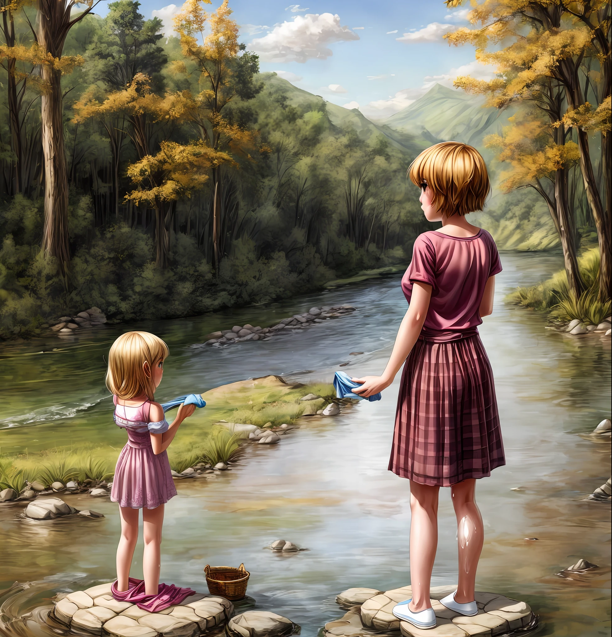 A young girl washes clothes by the river,An adult stood behind and looked at her