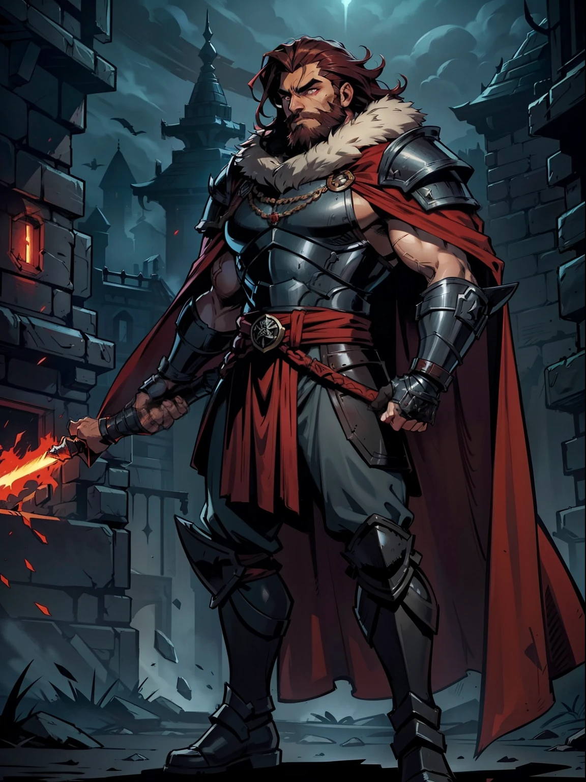 Darkest dungeon style, Sadurang from Marvel, hunk, wild mane hair, defined face, detailed eyes, short beard, glowing red eyes, dark hair, wearing heavy armor, cape of furs, scaled armguards, scaled sleeves, grey pants, heavy boots