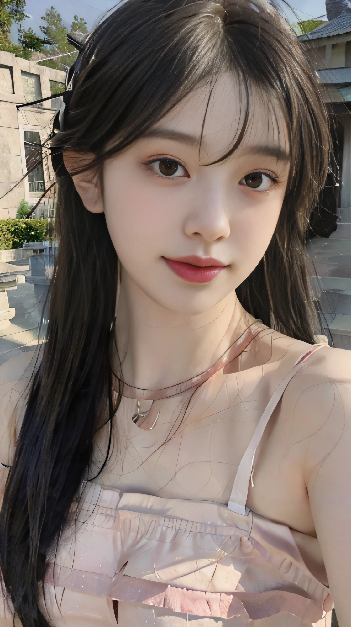 best qualtiy， 超高分辨率， （realisticlying：1.4）， Baoyu Girl， A pair of clear and moving peach blossom eyes,Royal Sister，sunshine on face，with long coiled hair，（ln the forest：1.4），（choker necklace：1.2），（Fair skin：1.9），（full bodyesbian：1.2）a sense of atmosphere，a beauty girl， ssmile，head straight-looking at viewer， closeup cleavage ，(Photorealistic:1.4),1girll,Sexy,(Purple lace bra:1.3),(Big breasts:1.9）,(Upper body:1.4),(Wet body),(:1.2)