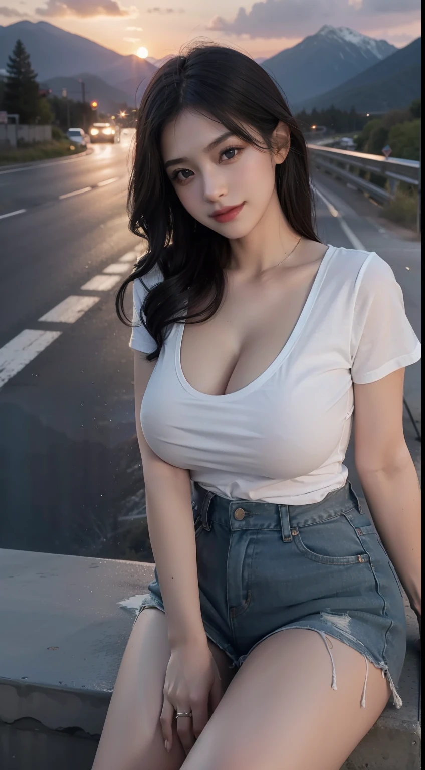 1girl seductively sitting on middle of highway, (( sitting on middle of highway road)),((mountain valley highway)),((evening time)),(sunset evening time),mountain valley highway background, ,(big breast),((big boobs)), (cleavage), (( wearing loose thin tshirt and short)),(characters play),looking to camera, (smiling),( long black hair),(perfect fingers),(perfect blue eyes),masterpiece collection,seductive  random pose,(closeup camera view),high resolution, highly detailed,