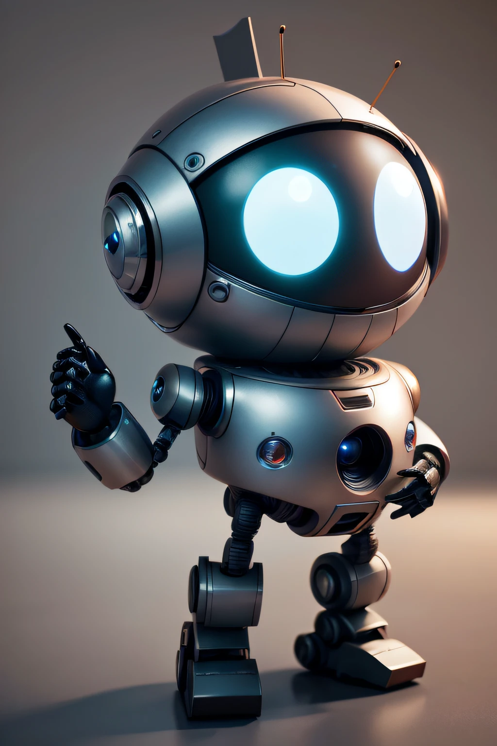 There's a robot that's standing with a light on, cute robot, cute humanoid robot, adorable friendly robot, friendly robot, Small spot light on robot, posing robotically, futuristic robot, friendly humanoid cyber robot, close-up of a robot sitting down, chrome robot, 3d kid robot, round robot, robot photography, pathetic robot