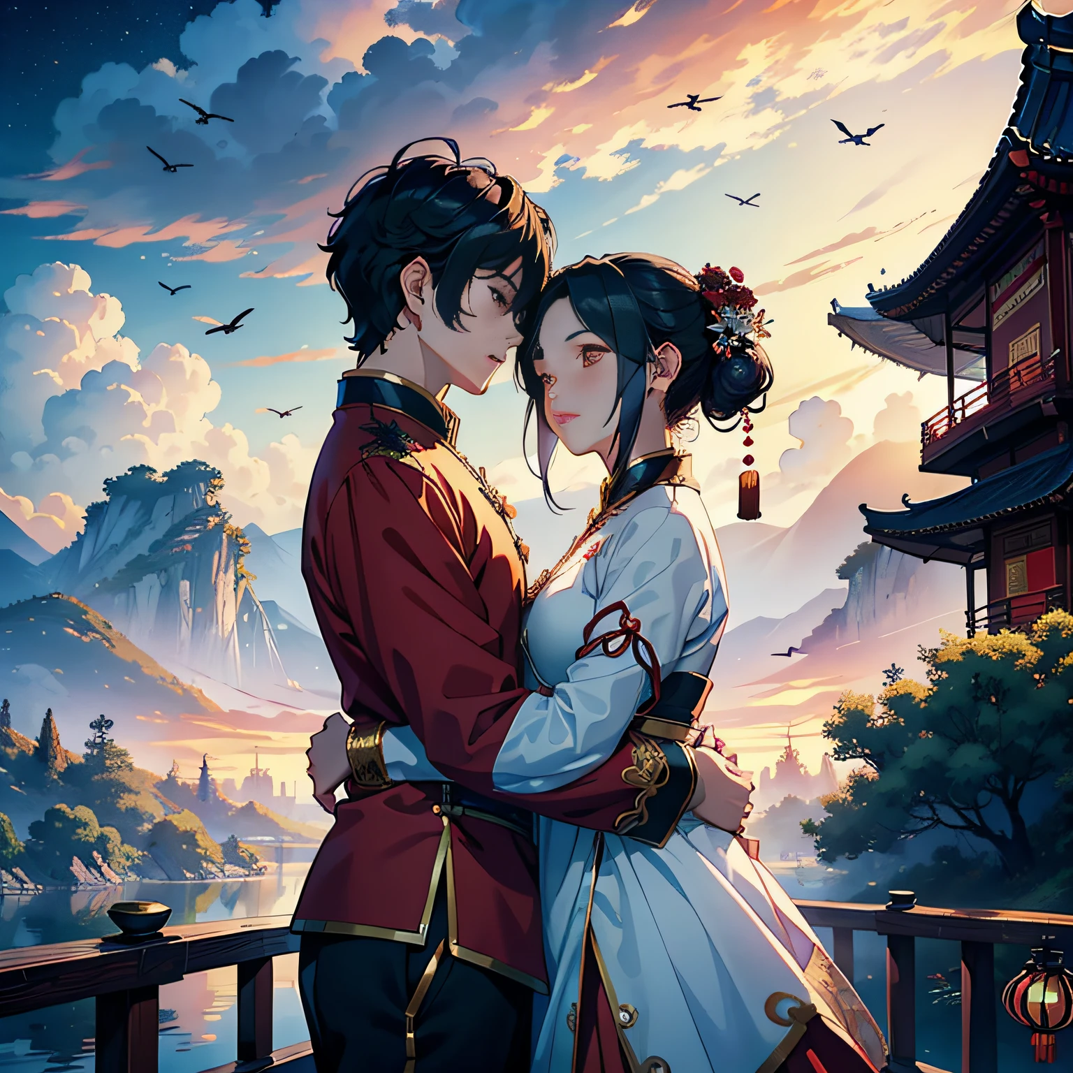 tmasterpiece,A high resolution,Complex scenes,detailed face with,CG animation,Chinese mythology and story Qixi Festival,in wonderland,bru,(Boys and girls hugging each other on the bridge),illustration,Crane,Clouds,