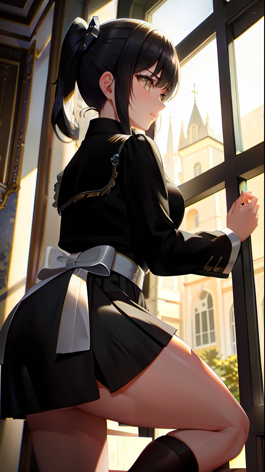 ​masterpiece, top-quality, Detailed details, Detailed landscapes, beatiful lights, Beautiful Shadows, 1girl in,Looking Up,Climbing stairs,Cleaning,Skirt care,18year old,Black eyes,A look of bewilderment,a miniskirt,(Skirt with slit),Maid appearance, detailed skin textures, Tyndall effect,mansion