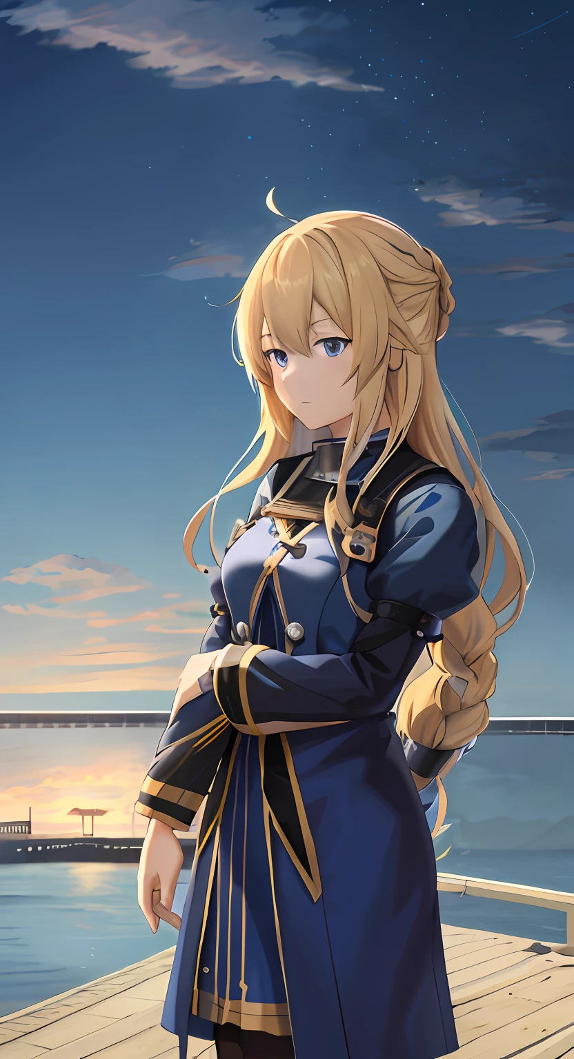 Anime girl with long blonde hair and blue dress standing in front of the bridge, High quality anime art style, Kantai collection style, style of anime4 K, zerochan art, cushart kenz,  From Arknights,  frontage，female anime character, Female protagonist 👀 :8, Anime moe art style, pilot girl