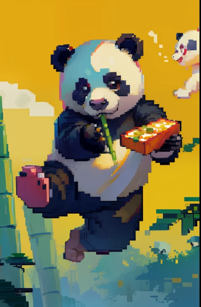 top-quality, masterpiece, pixel art, Pixel art(24 squares × 24 squares), Panda eating bamboo while jumping