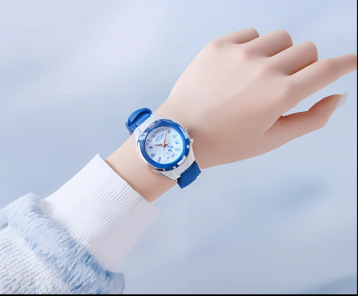 Someone is holding a watch with a blue strap, Wearing a watch, wears a watch, in white and blue, 2 colours, detailled image, Blue color, blue backdrop, product introduction photos, Watches, Detailed picture, two-color, 2 colours, frozen time effect, Blue! and white colors, Blue: 0.5, Sky blue, Mini