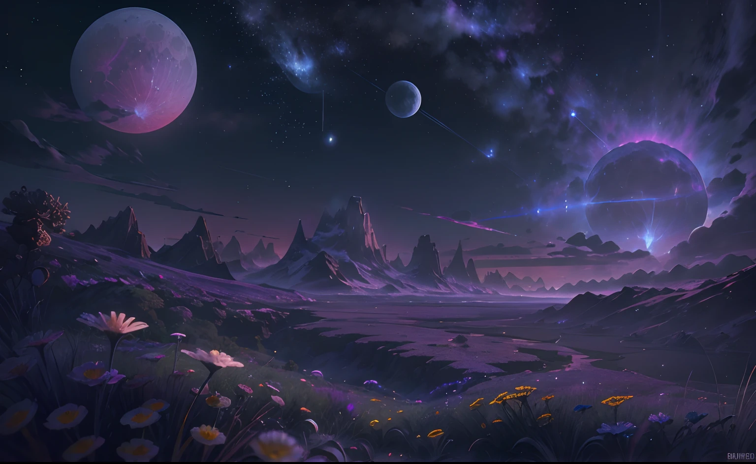 (Absurd, Cinematic, hyper HD, supreme, Ultra detailed, Ultra detailed), Deep purple sky, Nebula in the sky, The last 5 in the sky, large moon in the sky, meteors, dandelion field, Mountain, Oil painting, Detailed dandelion fields, Detailed sky, Sunset, Unreal Engine 4K wallpapers