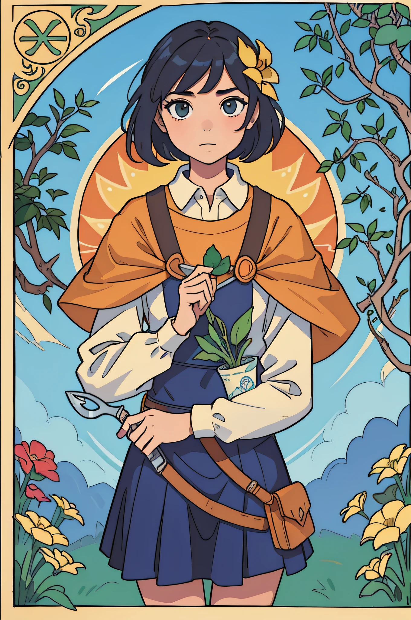 tarot cards,Full tarot border,(best images quality),(The image is surrounded by a tarot card-style border:1.5),(8k wallpaper),(best images quality),(Extremely detailed description),tarot card art,tarot card art, tarot design, beuaty girl,The most beautiful girl in the world,gardener,,blue-sky,Bokeh background,gardening(Take a sprinkler jug;2),quadratic element,(hoang lap,A high resolution,hyper-detailing),Visual storytelling,capturing moments,historical records,social commentary,Powerful images,mosaic art,small,Colored inlays,Intricate patterns,Tile design,Durable surface,Time-honored technology,one-girl,Flat coating,a warm color palette,Beautiful female,Idyllic,Adults,gardening,Hand-held gardening scissors,