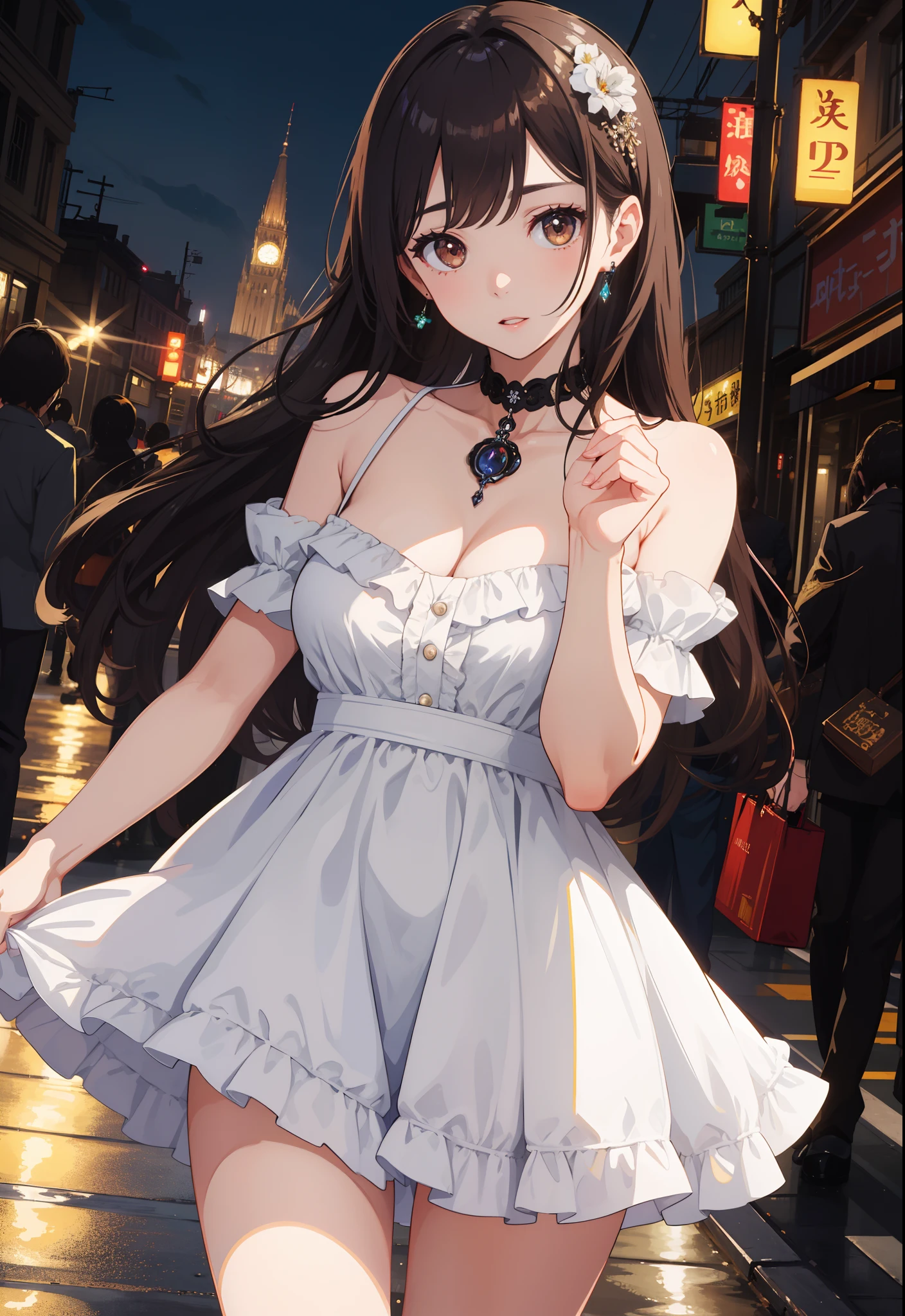 One beautiful woman、Bewitching、Detailed picture、embarassed face、Lustrous skin、brown haired、very beautiful face、Night city、neons、White dress、chest、
