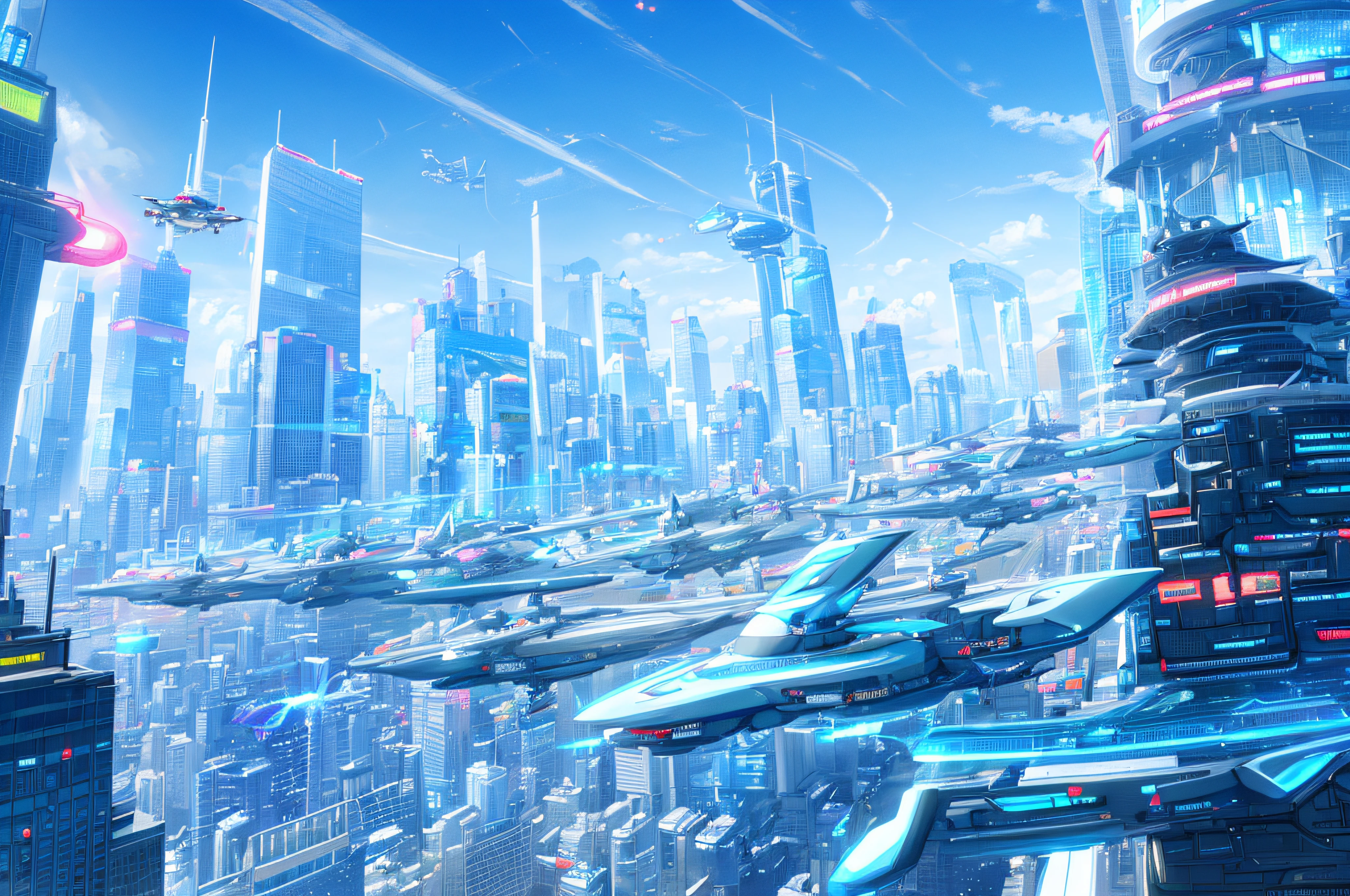 Futuristic cityscape with flying cars and colorful skyscrapers、flying car、near future、Hover car in the metropolis of the future、​masterpiece、top-quality、Very Detailed Masterpiece、hight resolution、8K、