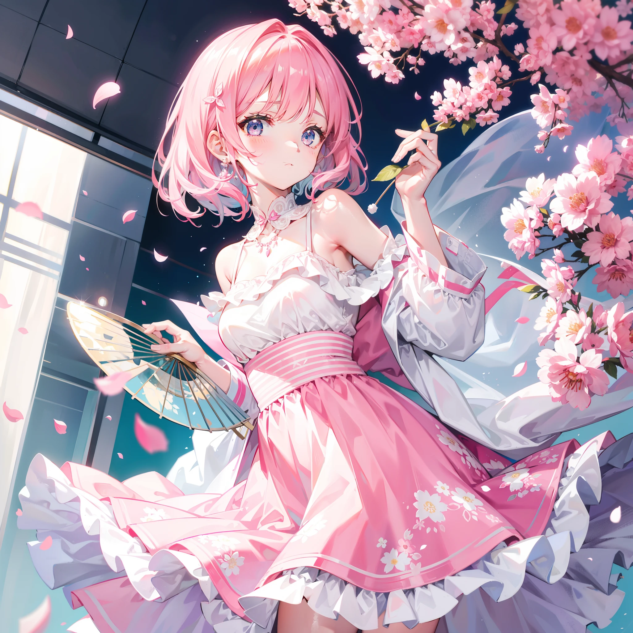 japanaese girl, Smooth and delicate lines, Wearing a glamorous and flowing miniskirt, Miniskirt blue-pink, Shy, Beautiful face, Exquisite makeup, Willow leaf eyebrows, Gentle eyes, Twin-tailed pink hair, Pretty face、Wearing a transparent hair ornament in the shape of a flower, Hair blue-pink gradient,Heart-shaped choker、 Butterfly in hand, Graceful and flowing movements, Watercolor style, The image is clean and clear, Qiuying style