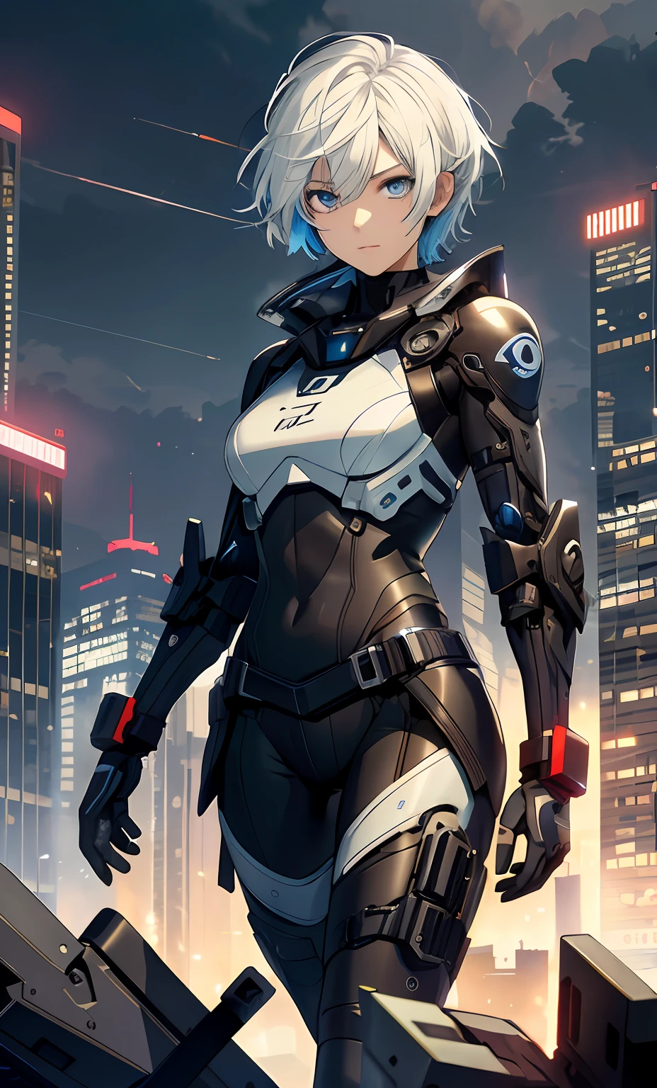 best qualityer,tmasterpiece,Ultimate resolution,downy,Extremely colorful,Colorful,Women combatants,a matural female,Short white hair,Contemptuous eyes,Dark blue eyes,Technology-enabled headsets,Tight combat suit,tightsuit,With a belt,Steel City background,the night,Normal posture