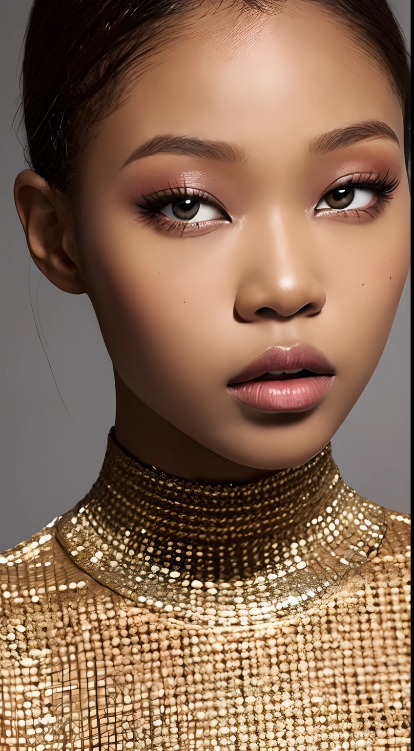 one African model ,Unique details, virtual fashion, Near future, Curvilinear details , double eyelid, simple background