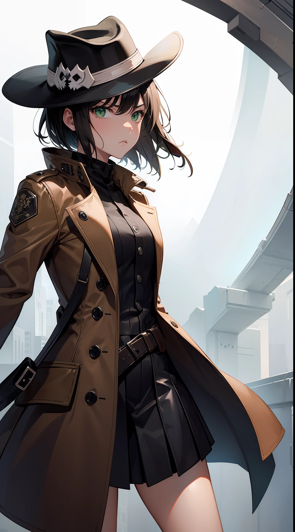 young girl, short black hair, Green eyes, White Mask, brown leather coat, hat, Rorschach, angry, Masterpiece, hiquality