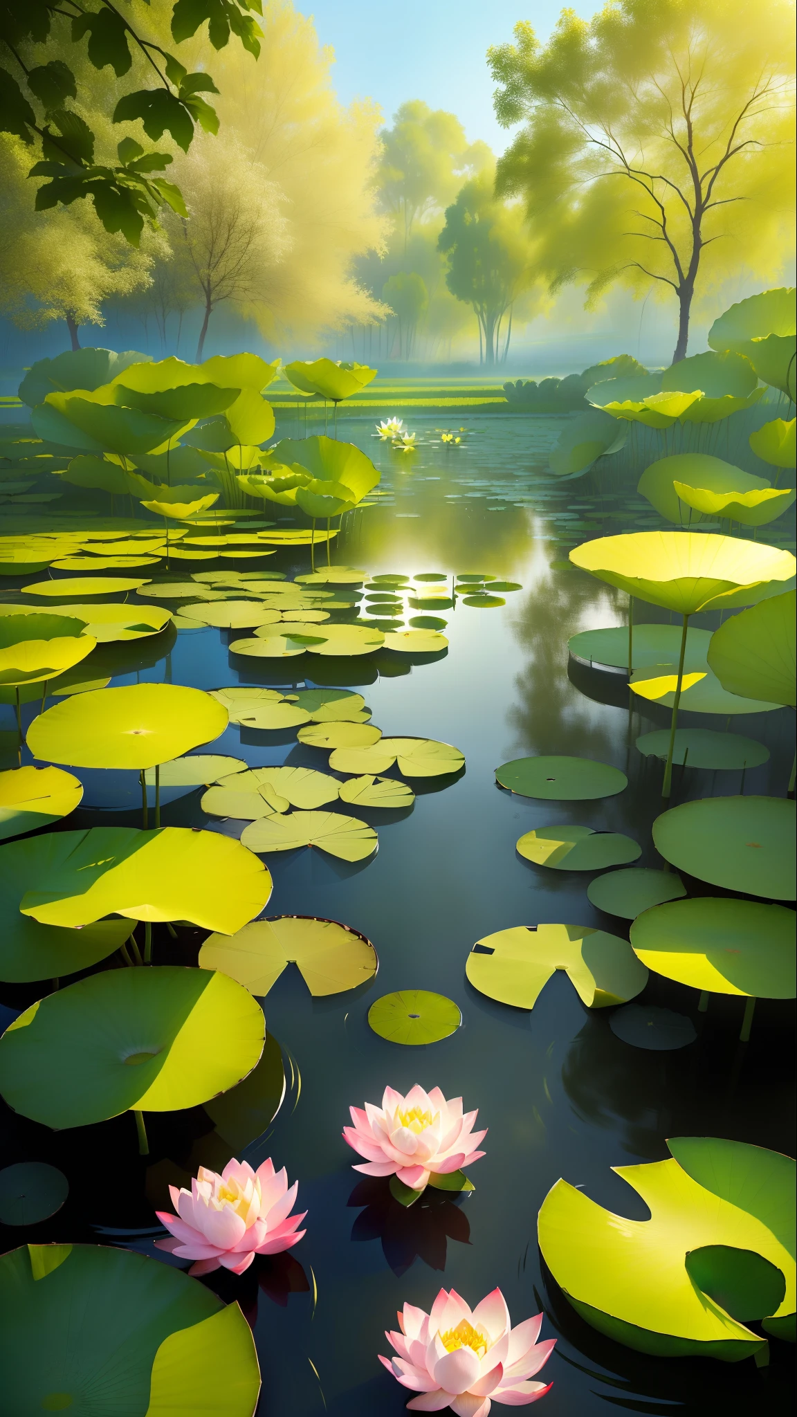 Masterpiece, exquisite, beautiful scenery deep in the lotus pond, (colourful, vivid, sunny, cool light: 1.2) lotus leaves in the pond. high quality high quality