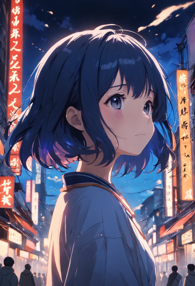 masterpiece、top-quality、Movie stills、1girl、发光、happiness、Warm soft lighting、japanaese girl、Dark blue hair、Shorthair、