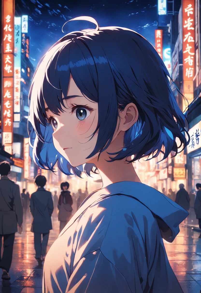 masterpiece、top-quality、Movie stills、1girl、发光、happiness、Warm soft lighting、japanaese girl、Dark blue hair、Shorthair、