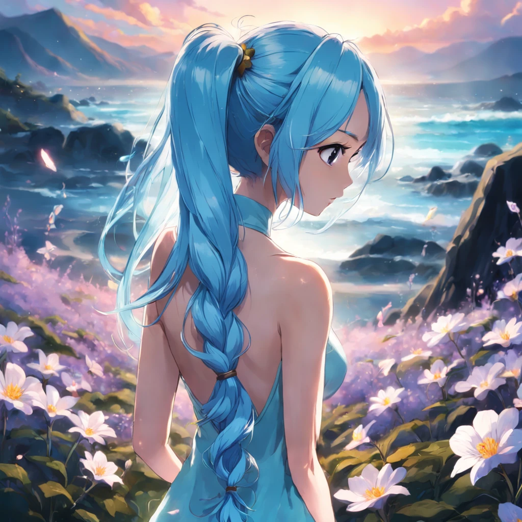 ''((back view photo)) of a young beautiful girl, with her ((light blue pony tail hair)) (ful body portrait), she is holding a magical bright flower, high resolution image, 4K, magical landscape,