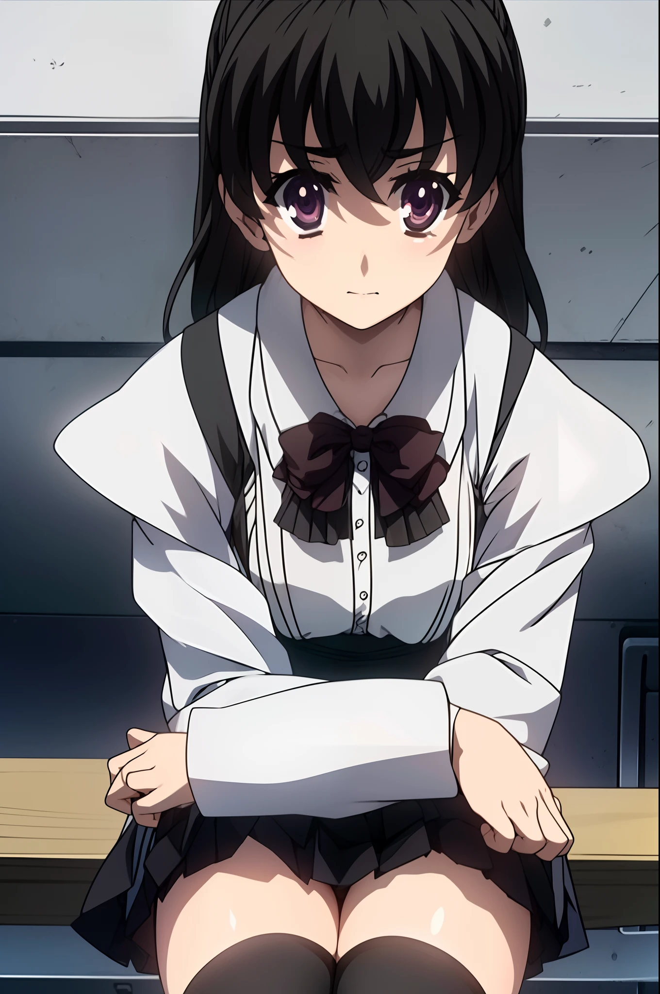 1girl, ahoge, Bangs, black_Hair, black_legwear, bow, bowtie, hooded_mouth, eyebrows_visible_through_Hair, Hair_between_eyes, Indoors, Long_Hair, Long_Sleeves, olhando_at_Viewer, panty, Pleated_Upskirt, school_uniform, Shirt, sitting, Upskirt, 独奏, thights, thights, White_Shirt,(Masterpiece:1.2), Best Quality, High Resolution, Unity 8k壁纸, (illustartion: 0.8), (beautiful detail eyes:1.6), extremely detailed face, perfect lighting, extremely detailed CGI, (perfect arms, perfect anatomy)