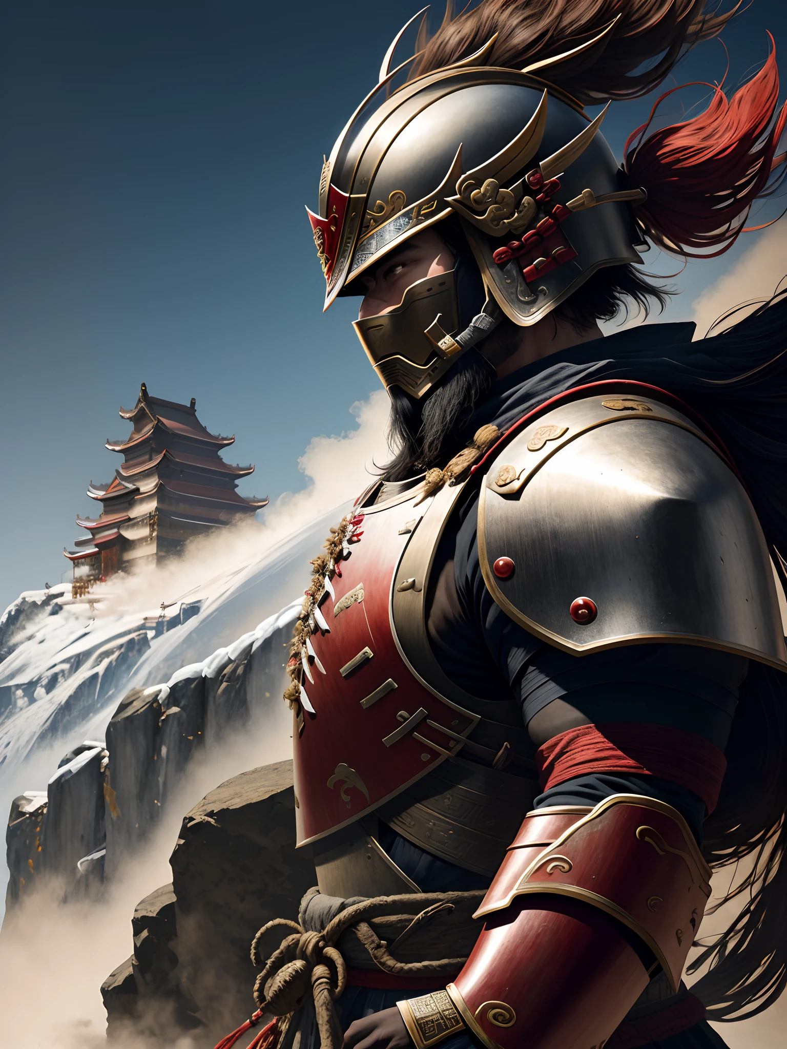 1 Warrior man on (China wall), wearing samurai armor, (with helmet covering face), drop shadow, halftone, vanishing point, diffraction peaks, f/1.8, Nikon, high detail, UHD, masterpiece, best quality, highres, 16k