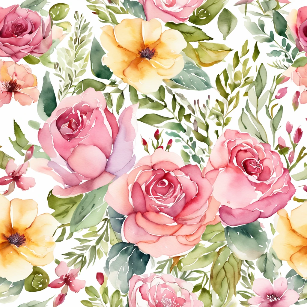 Wreaths, floral frames, delicate watercolor flowers in shades of pink and vibrant roses, captivating illustration.