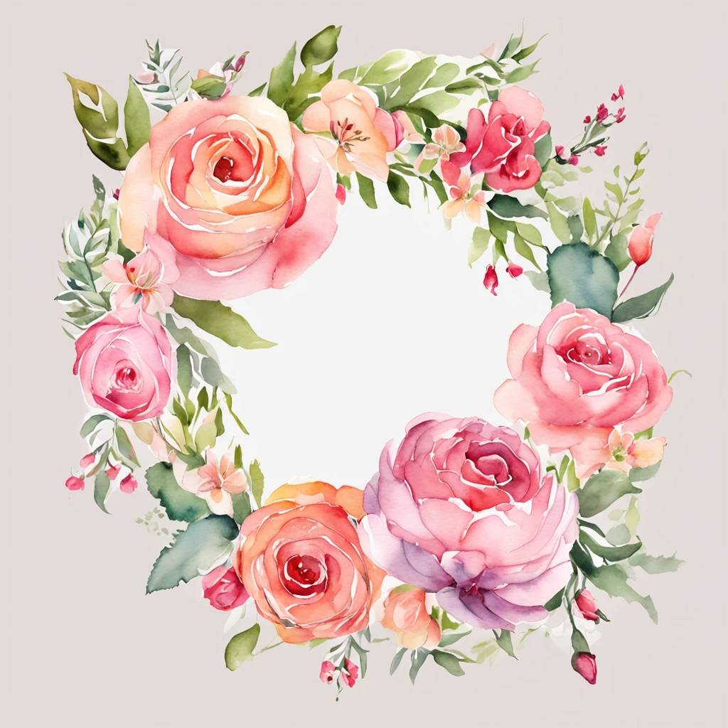 Wreaths, floral frames, delicate watercolor flowers in shades of pink and vibrant roses, captivating illustration.