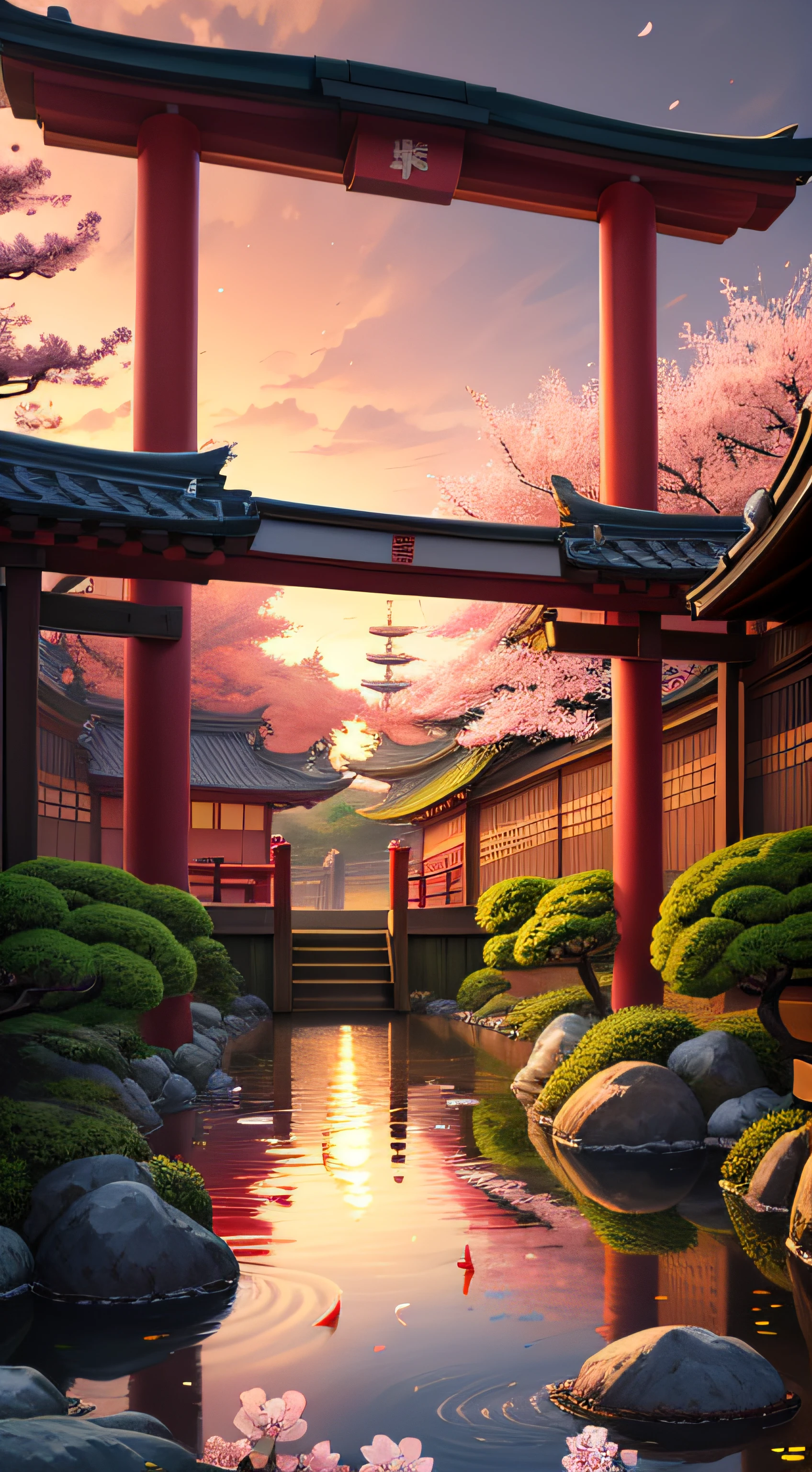 A painting of a japanese style building with a pond and a bridge ...