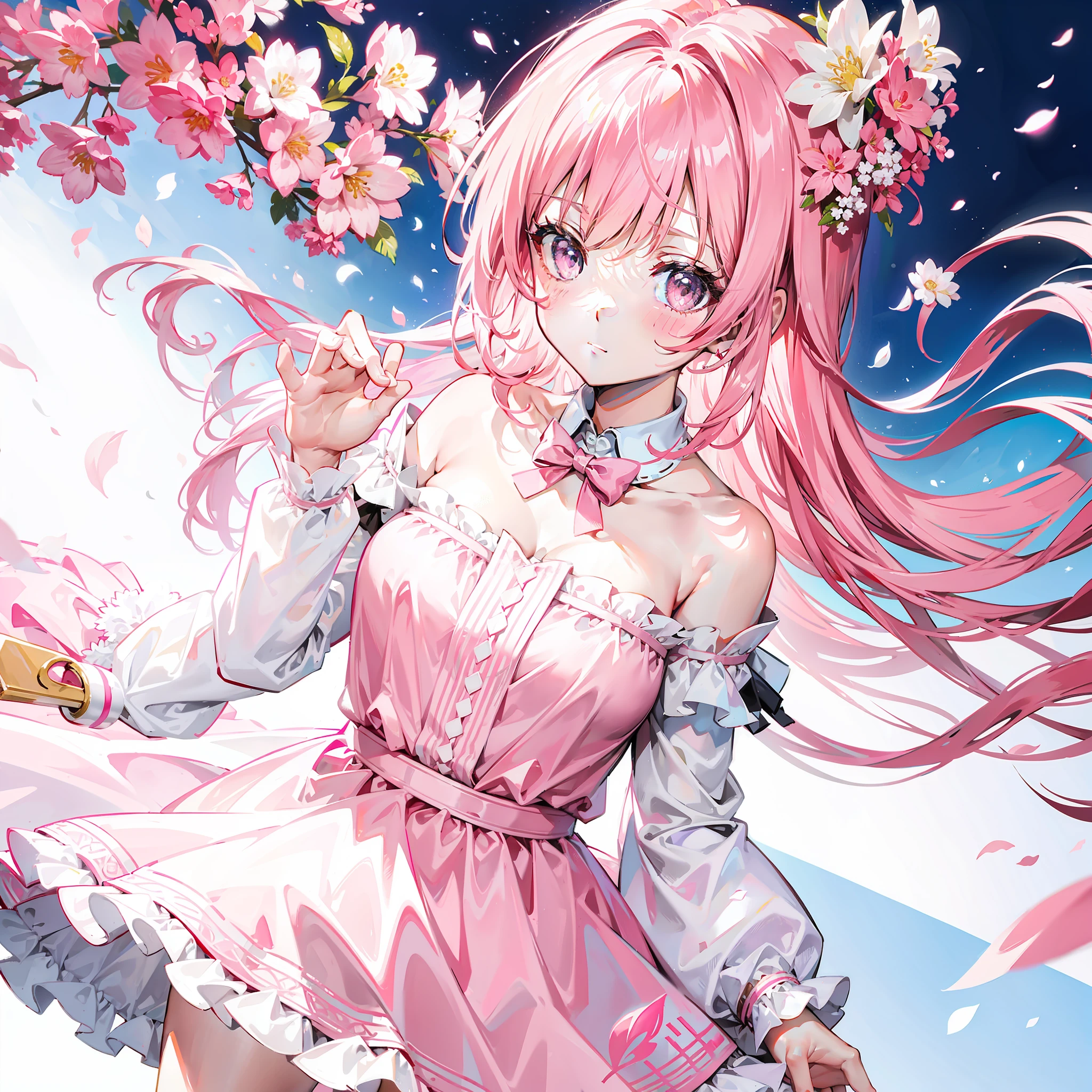 Short pink and white off-the-shoulder hair，Pink and white floral dress，Dignified cute teacher, beautiful girl