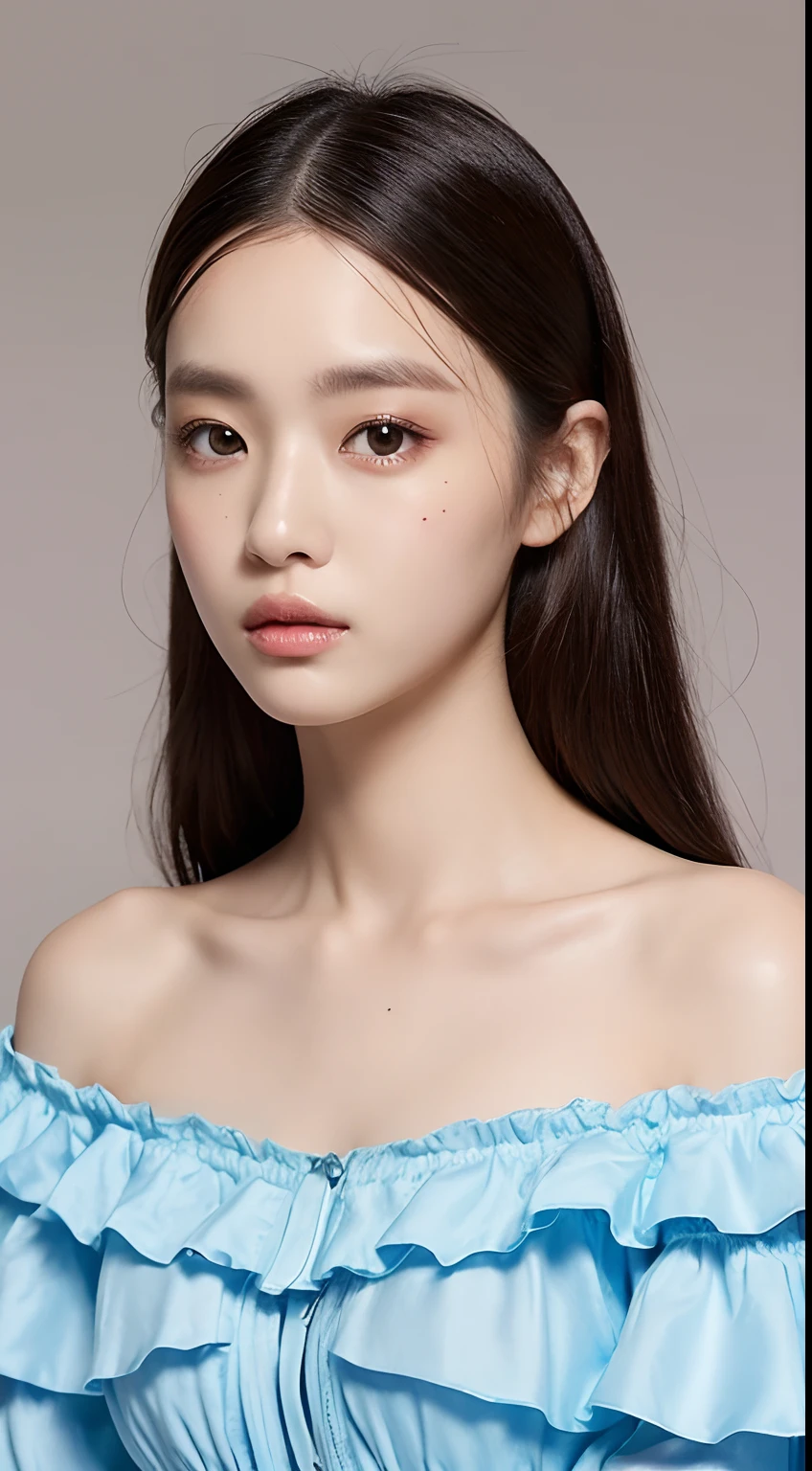 one Australian model ,Unique details, off shoulder frilly blouse, Near future, Curvilinear details , double eyelid, simple background