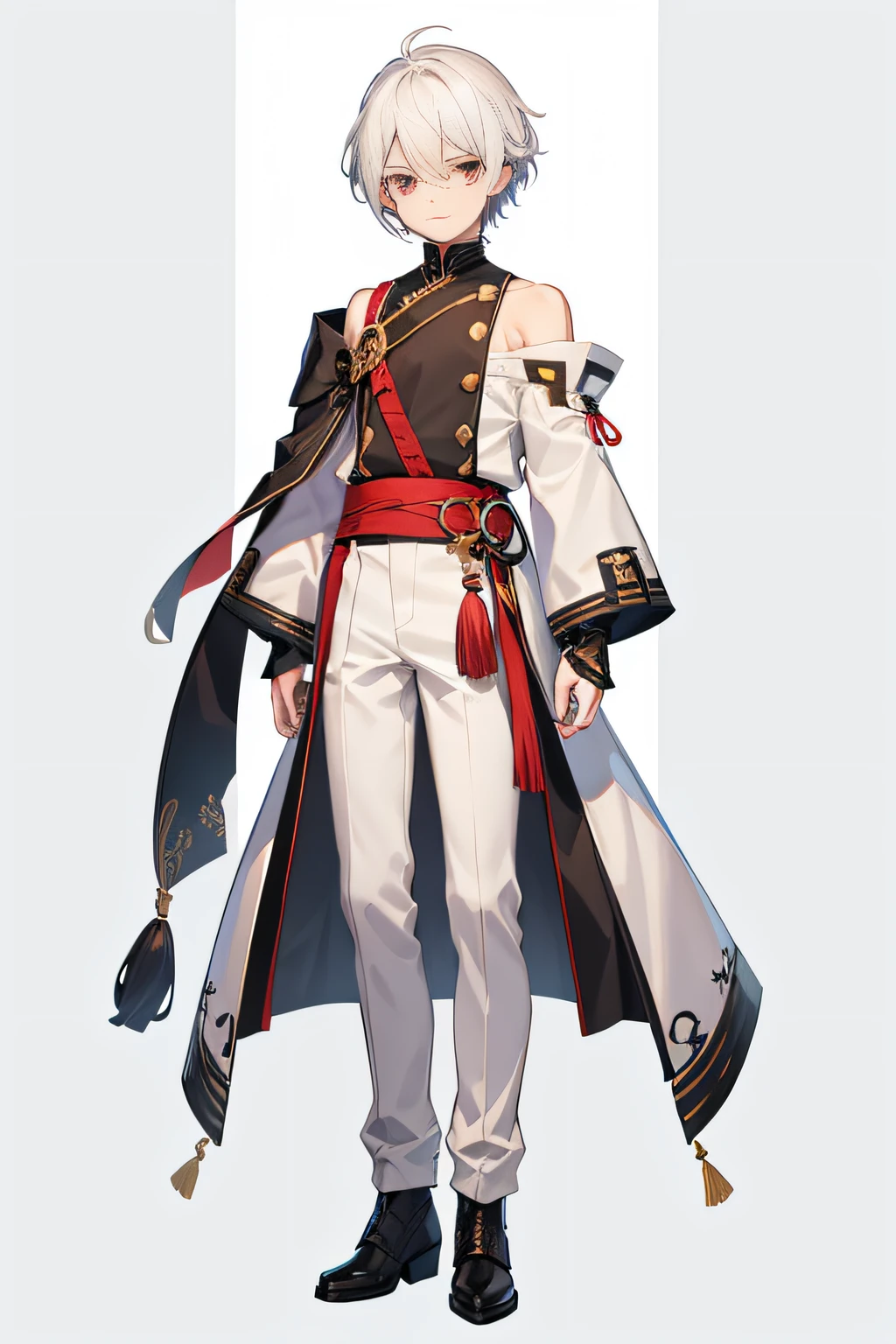 Male 、Virtual tuber、white hair、Akame、hightquality、Looking at the camera、full body Esbian、Concept art、Simple background、White background、arms at the sides、western clothes、独奏、Anime style、erect through、short-haired