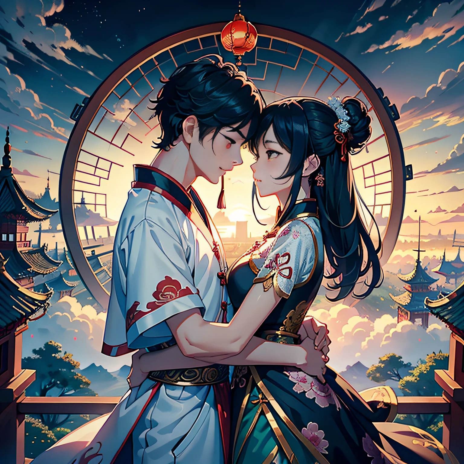 tmasterpiece,A high resolution,Complex scenes,detailed face with,CG animation,Chinese mythology and story Qixi Festival,in wonderland,bru,(Boys and girls hugging each other on the bridge),illustration,Crane,Clouds,