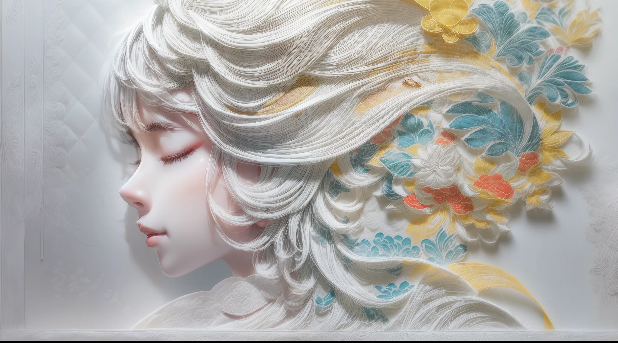 (White background:1.4),(Silhouette of a girl's head, Eyes closed, colorfull long hair, Oriental elements),(Chinese illustration:1.3,paper art:1.3, Quilted paper art:1.2),( reasonable design, Clear lines, High sharpness,Best quality, Very detailed, Masterpiece, movie light effect, 4K )