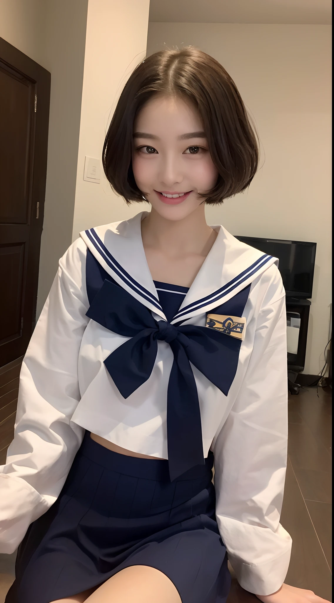 Neat and clean high school girl、(school uniform、Sailor suit、Ribbon tied on chest、Summer clothes、The upper body is white、The skirt is navy blue)、Outside the stadium、(slim)、Realistic、detailed, Skin Texture, 超detailed、Delicate and sexy collarbone、A sloppy smile、スーバーdetailedな顔、detailed唇、detailedな目、Small breasts、Small breasts、、Small breasts、Flat Chest、Accentuate your breasts、Bright Face、((Are standing、White panties are visible under her skirt、Lift the hem of your skirt slightly with both hands.))、((sexy white apron))、Short hair with bangs、Straight Bob Hair、、Top view、