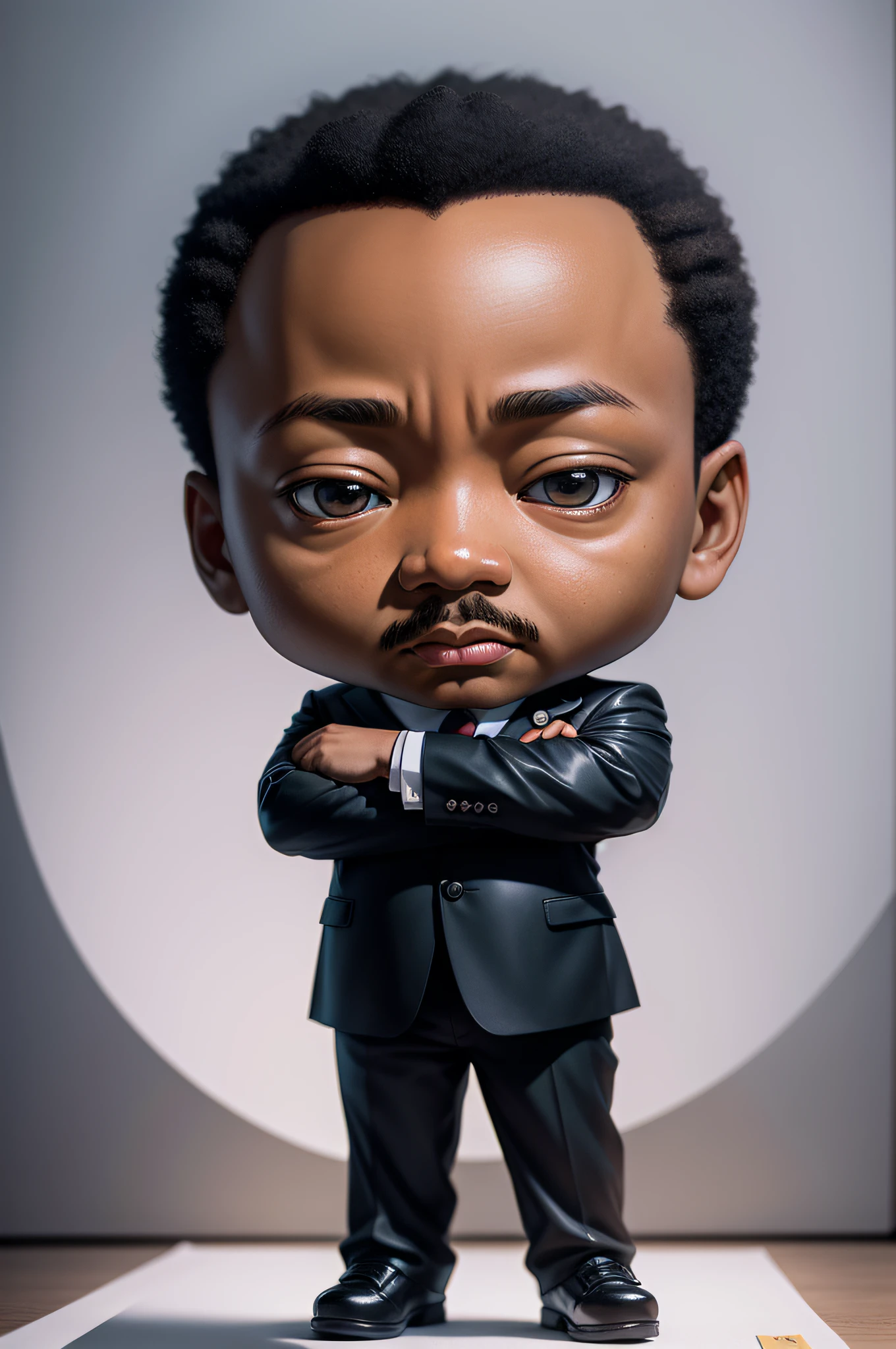 Chibi Martin Luther King, full body view, looking at viewers, facing viewers, eye contact with camera, looking at camera, perfect drawing, high quality, cinematic quality, clear details, high definition, high resolution, studio lighting, masterpiece, proportionate, well drawn