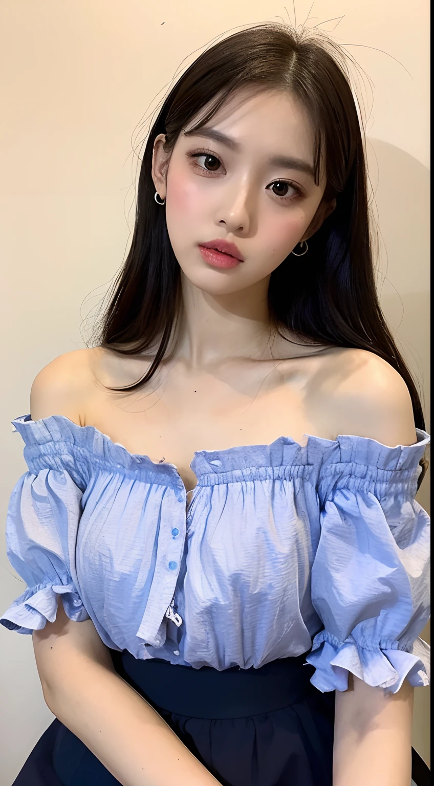 one Australian model ,Unique details, off shoulder frilly blouse, Near future, Curvilinear details , double eyelid, simple background