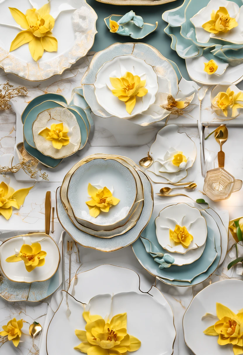 There is a bone china plate,daffodil,Bone china plate design artwork,Modern artwork,Best results,artwork of a,best qualtiy,8K,3D,Color decoration,top Quority,the detail,The edges are patterned,Add details,Face the effect,