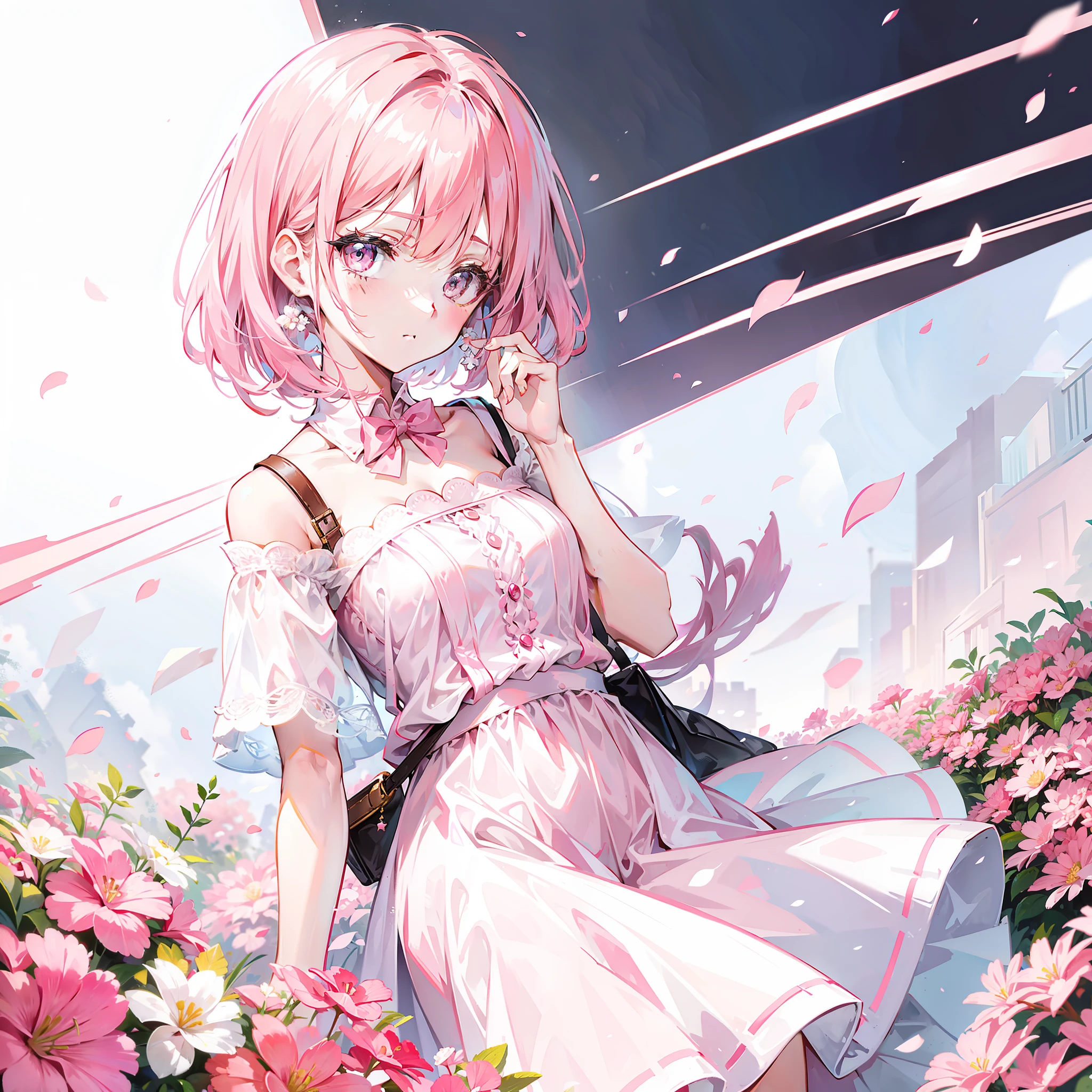 Light pink earless short hair，Pink eyes，The hair is somewhat messy，leaning down，white off shoulder dress clothes，One hand on the waist，tilts your head，Smiled，In the courtyard