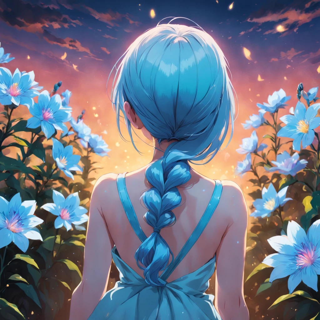''((back view photo)) of a young beautiful girl, with her ((light blue pony tail hair)) (ful body portrait), she is holding a magical bright flower, high resolution image, 4K, magical landscape,