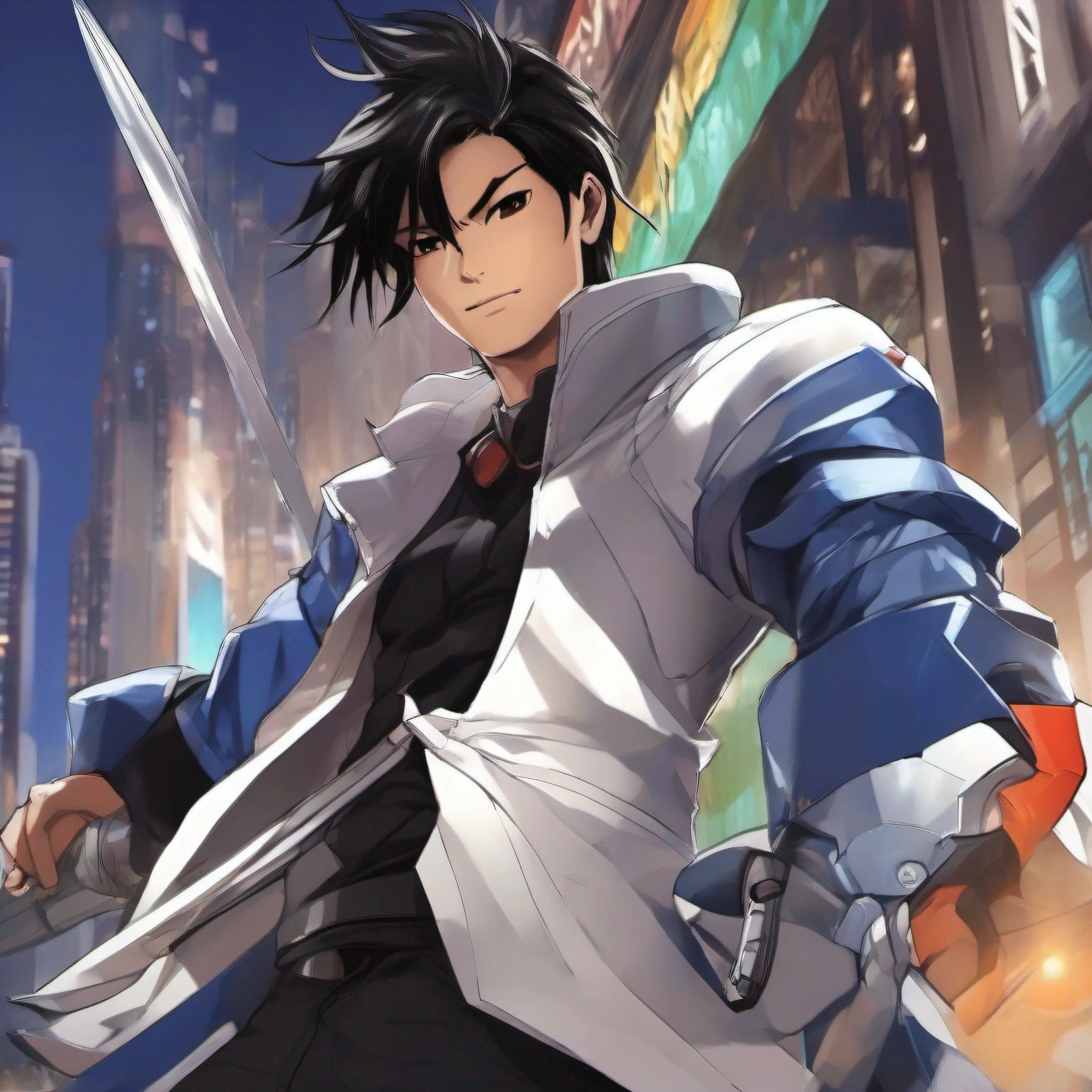 Character Description:
Introducing "Hiro Tanaka," a charismatic anime character with an aura of determination and strength. Hiro boasts a sleek and modern appearance, with ebony black hair meticulously styled into a suave, asymmetrical cut. His piercing cobalt blue eyes reflect his unwavering resolve and adventurous spirit.
Pose and Expression:
Hiro stands tall against a backdrop of a futuristic cityscape, his stance radiating confidence and purpose. One hand rests casually in his pocket, while the other grips the hilt of a futuristic blade strapped to his side. His grin is both playful and determined, capturing his readiness to face any challenge.
Tagline:
Tagline: "Forge Your Destiny with Conviction."
Art Style:
Hiro's character design marries contemporary anime aesthetics with sharp, clean lines and dynamic shadows. The artwork conveys a sense of motion, as if he's a central figure in an epic saga. The attention to detail in his attire and accessories brings his modern warrior persona to life.