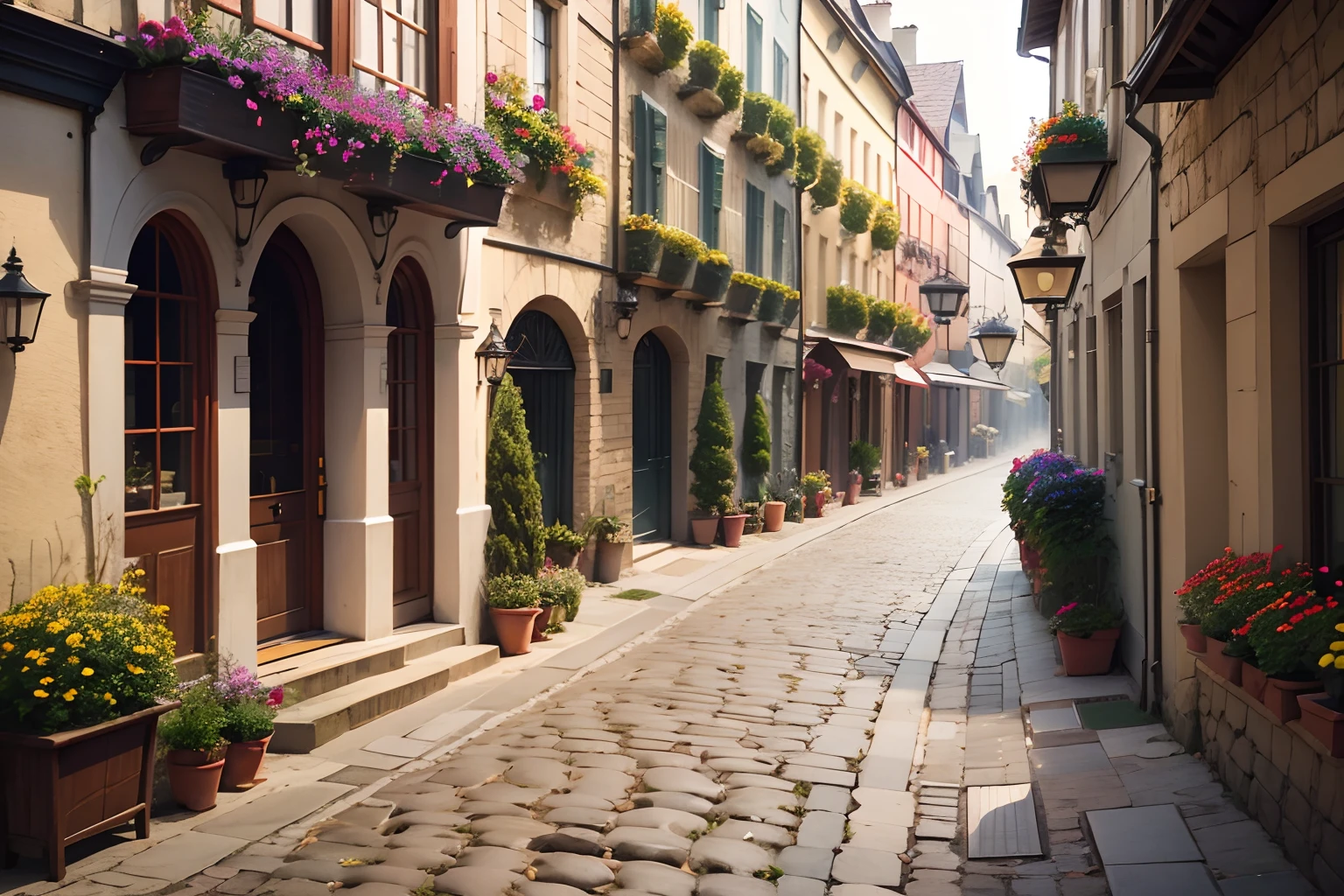 "Cozy Vibes - A charming cobblestone street adorned with vibrant flowers."
