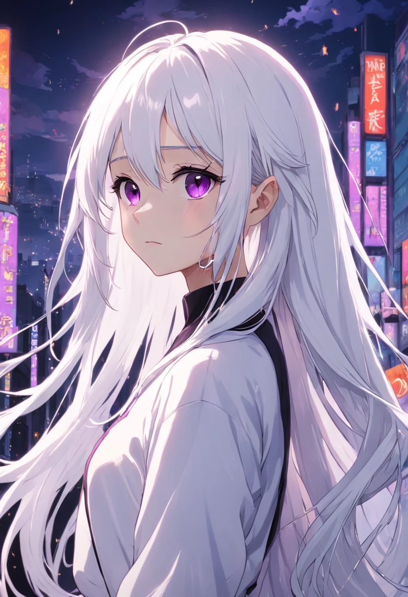 long  white hair，Purple eye，Black regular clothes，teens girl，quadratic element，cartoony，graceful and dignified，hair straight，The upper part of the body