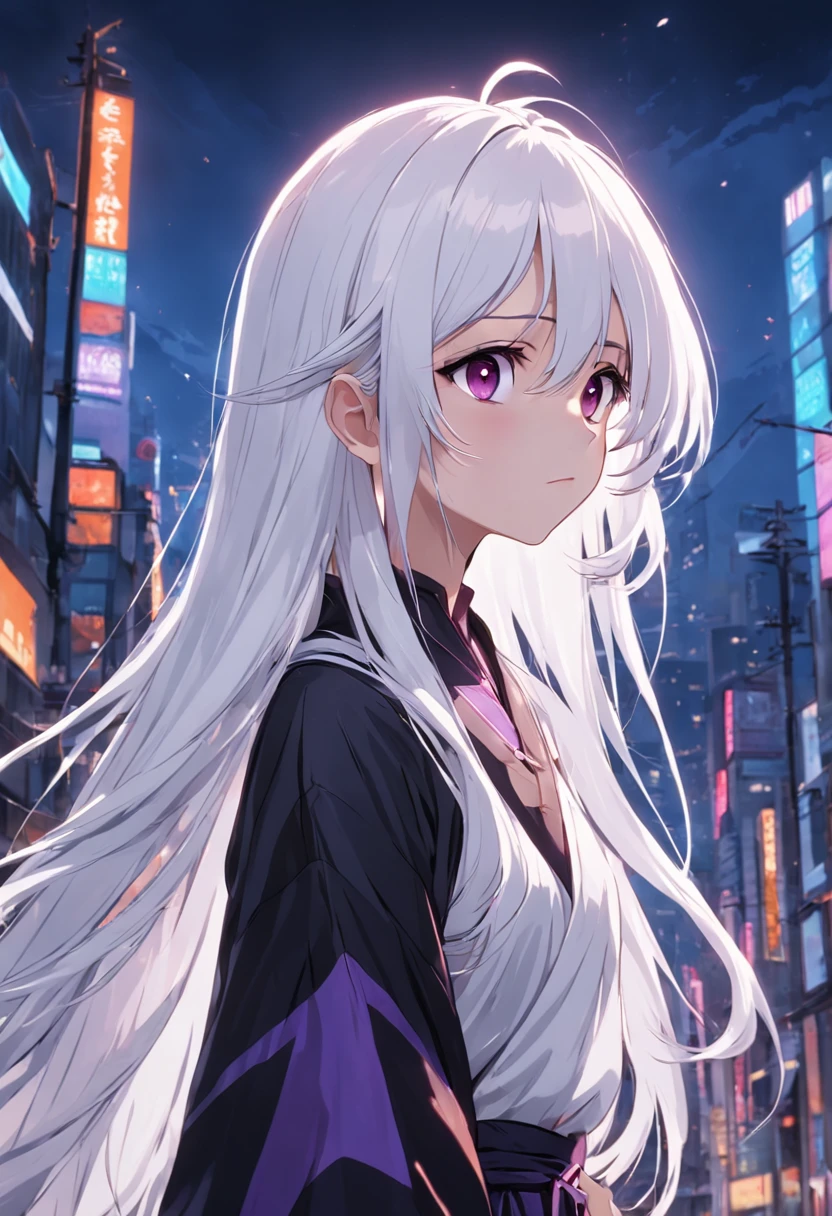 long  white hair，Purple eye，Black regular clothes，teens girl，quadratic element，cartoony，graceful and dignified，hair straight，The upper part of the body